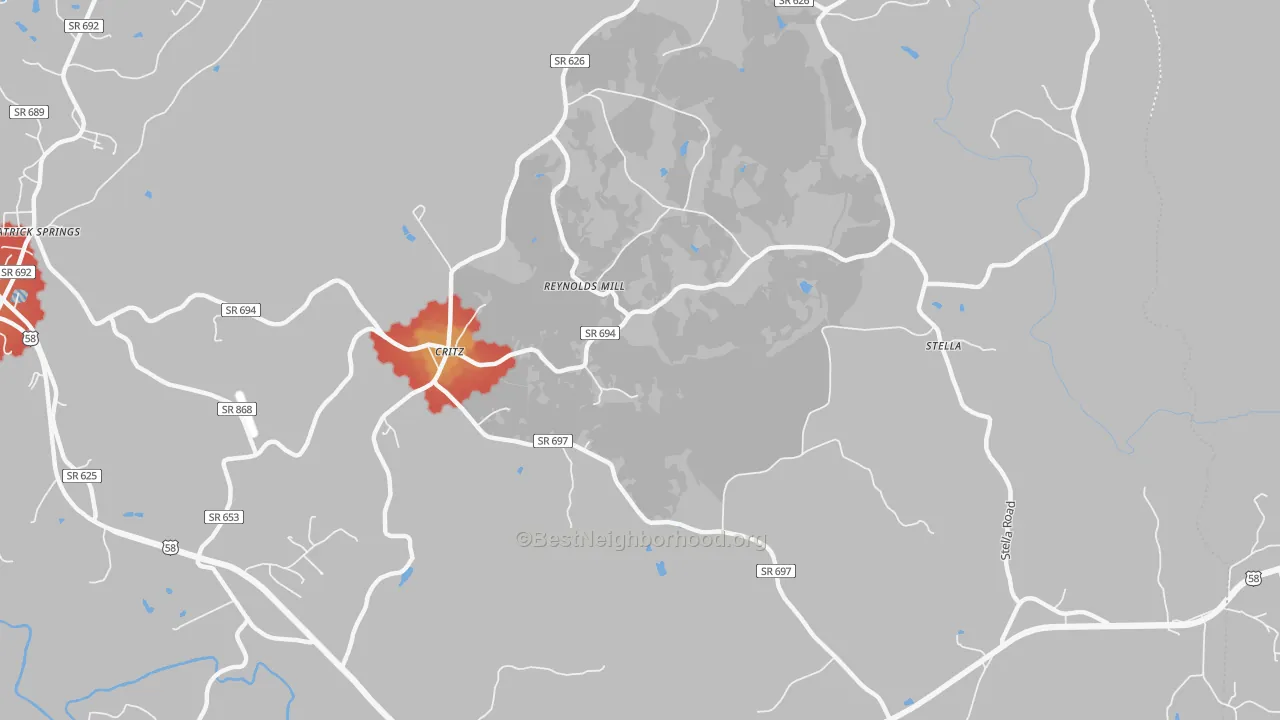 Walk Grade map of Critz, VA, walkable areas in green and car-dependent areas in red