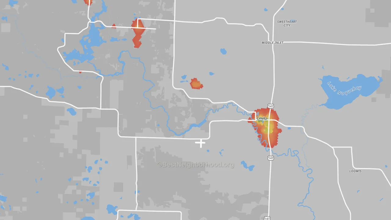 Walk Grade map of Crivitz, WI, walkable areas in green and car-dependent areas in red