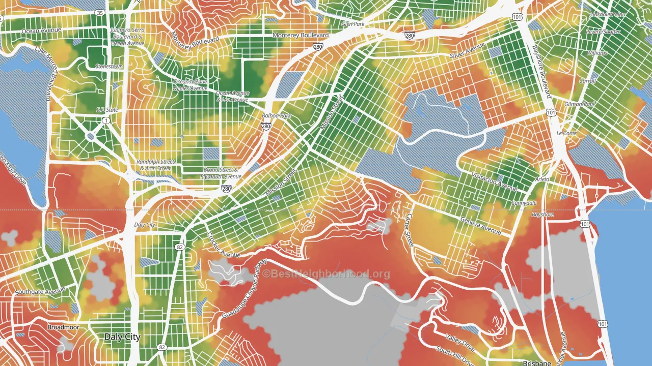 Walk Grade map of Crocker Amazon, San Francisco, CA, walkable areas in green and car-dependent areas in red