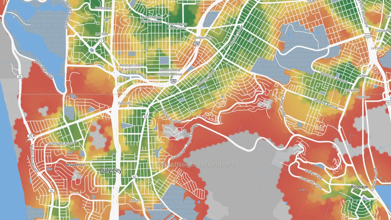Walk Grade map of Crocker, Daly City, CA, walkable areas in green and car-dependent areas in red
