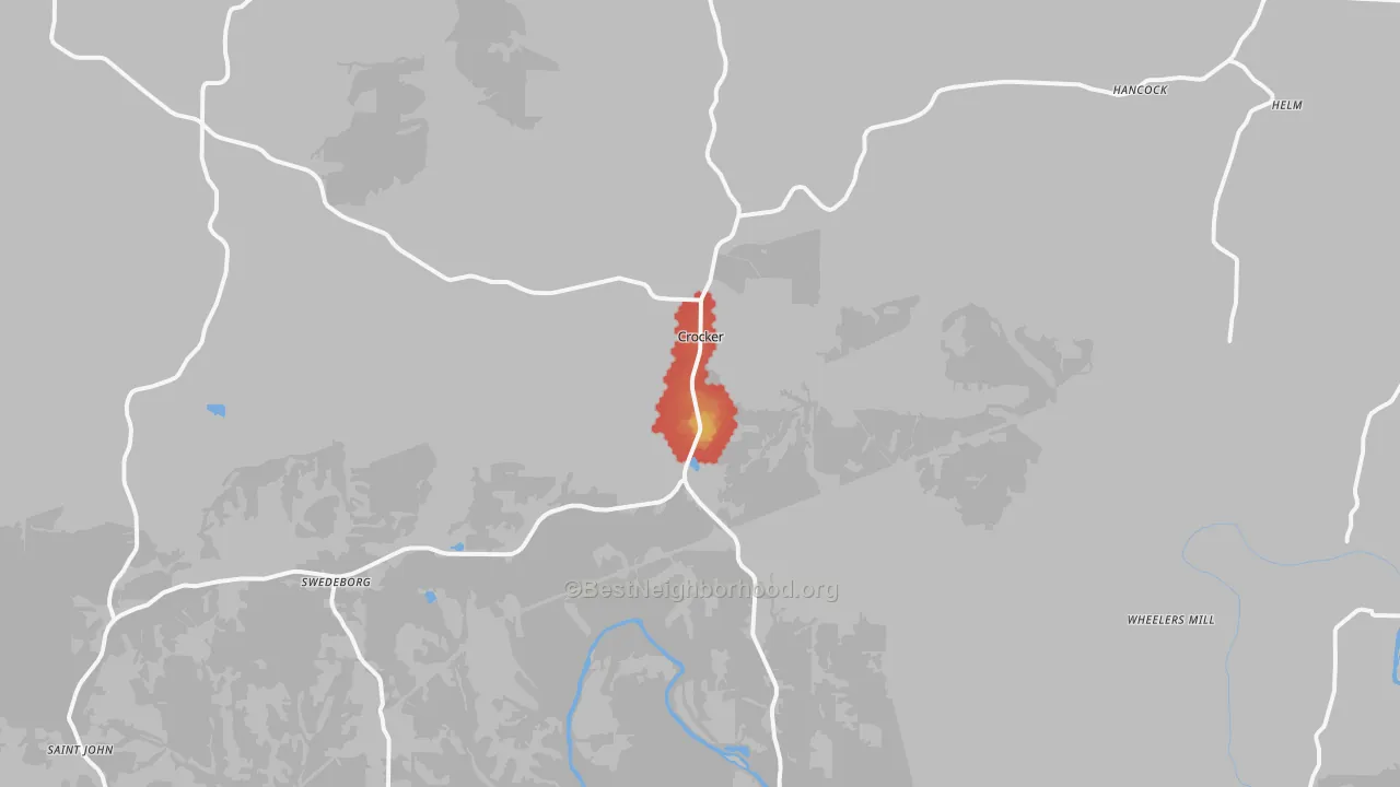 Walk Grade map of Crocker, MO, walkable areas in green and car-dependent areas in red