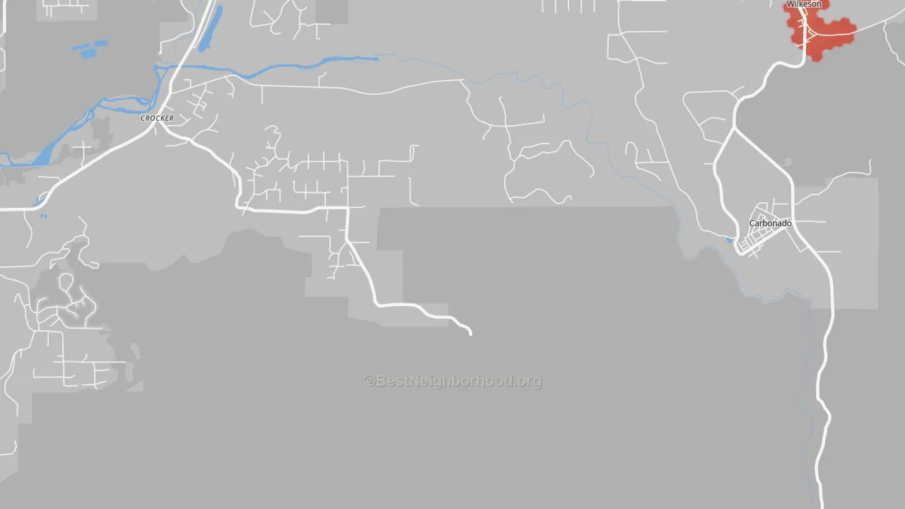 Walk Grade map of Crocker, WA, walkable areas in green and car-dependent areas in red