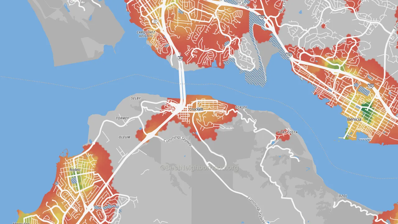 Walk Grade map of Crockett, CA, walkable areas in green and car-dependent areas in red