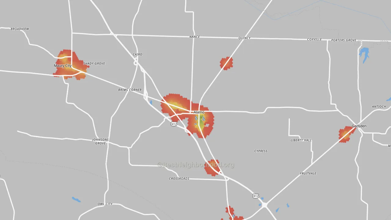 Walk Grade map of Crockett County, TN, walkable areas in green and car-dependent areas in red