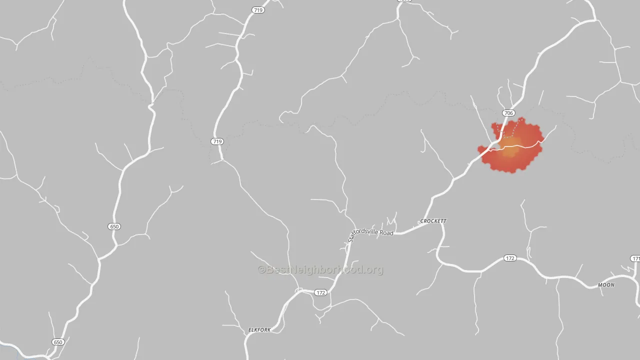 Walk Grade map of Crockett, KY, walkable areas in green and car-dependent areas in red