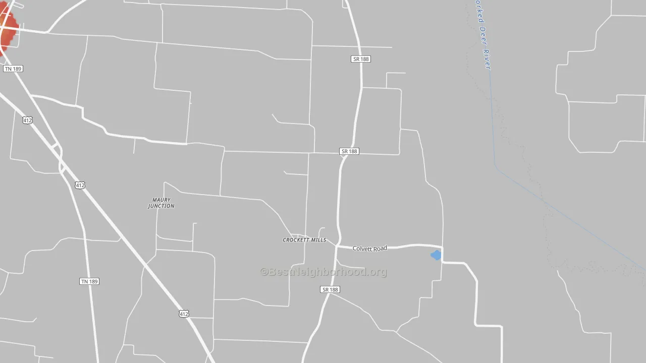 Walk Grade map of Crockett Mills, TN, walkable areas in green and car-dependent areas in red