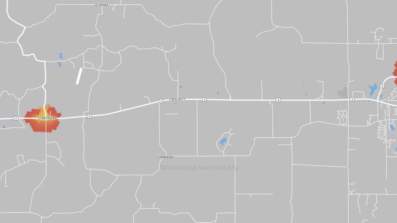 Walk Grade map of Crockett, MS, walkable areas in green and car-dependent areas in red
