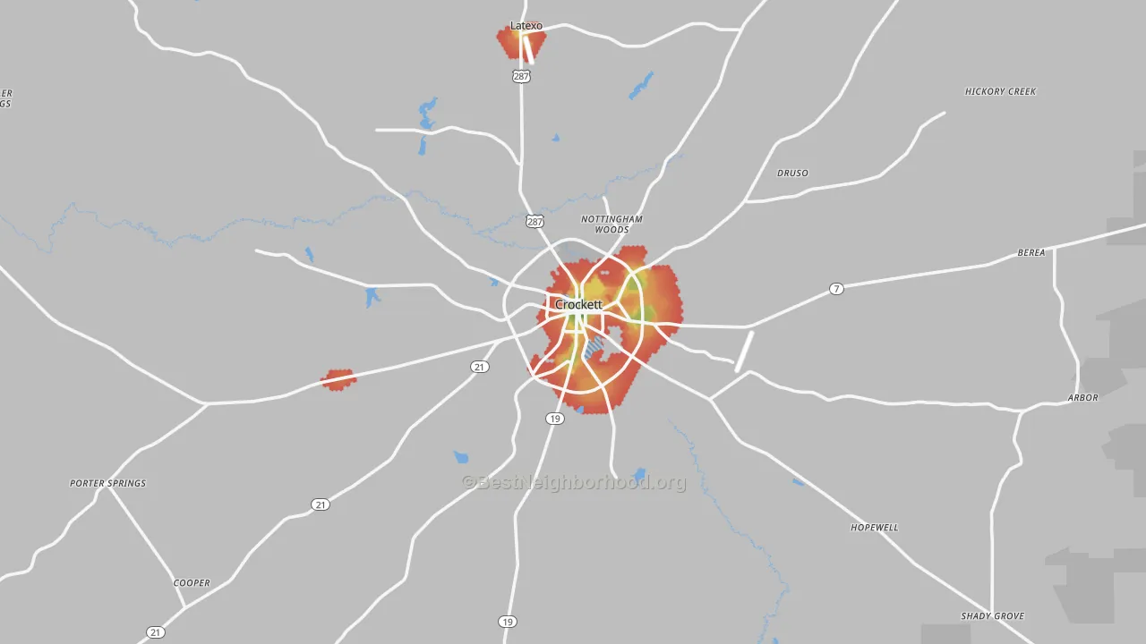 Walk Grade map of Crockett, TX, walkable areas in green and car-dependent areas in red