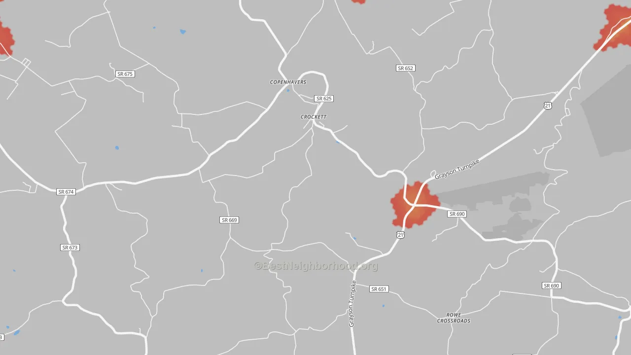 Walk Grade map of Crockett, VA, walkable areas in green and car-dependent areas in red