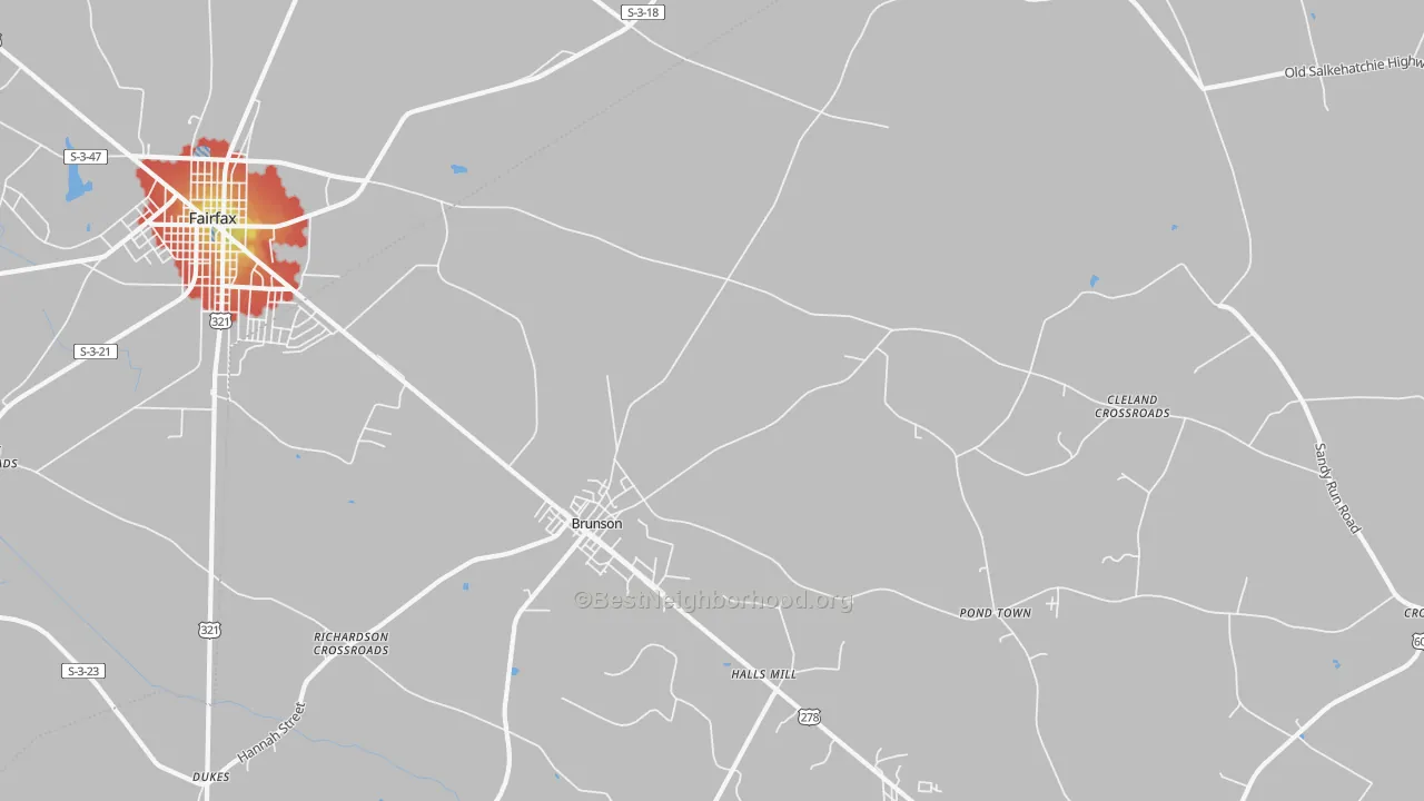 Walk Grade map of Crocketville, SC, walkable areas in green and car-dependent areas in red
