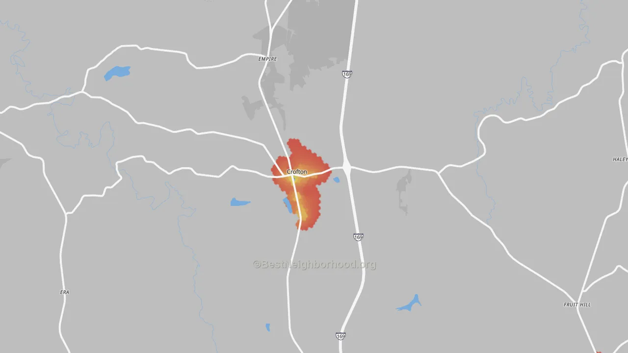 Walk Grade map of Crofton, KY, walkable areas in green and car-dependent areas in red