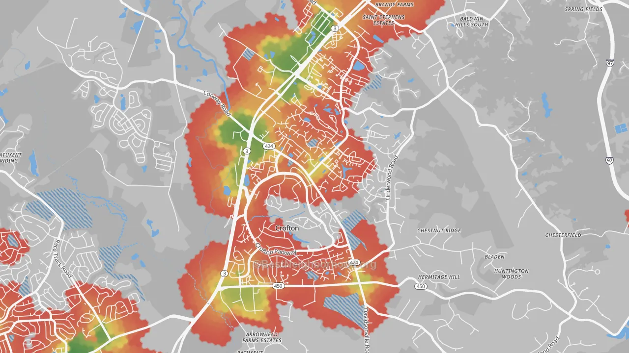 Walk Grade map of Crofton, MD, walkable areas in green and car-dependent areas in red