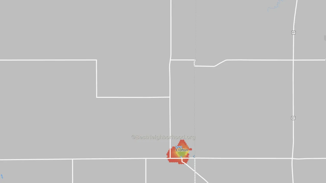 Walk Grade map of Crofton, NE, walkable areas in green and car-dependent areas in red