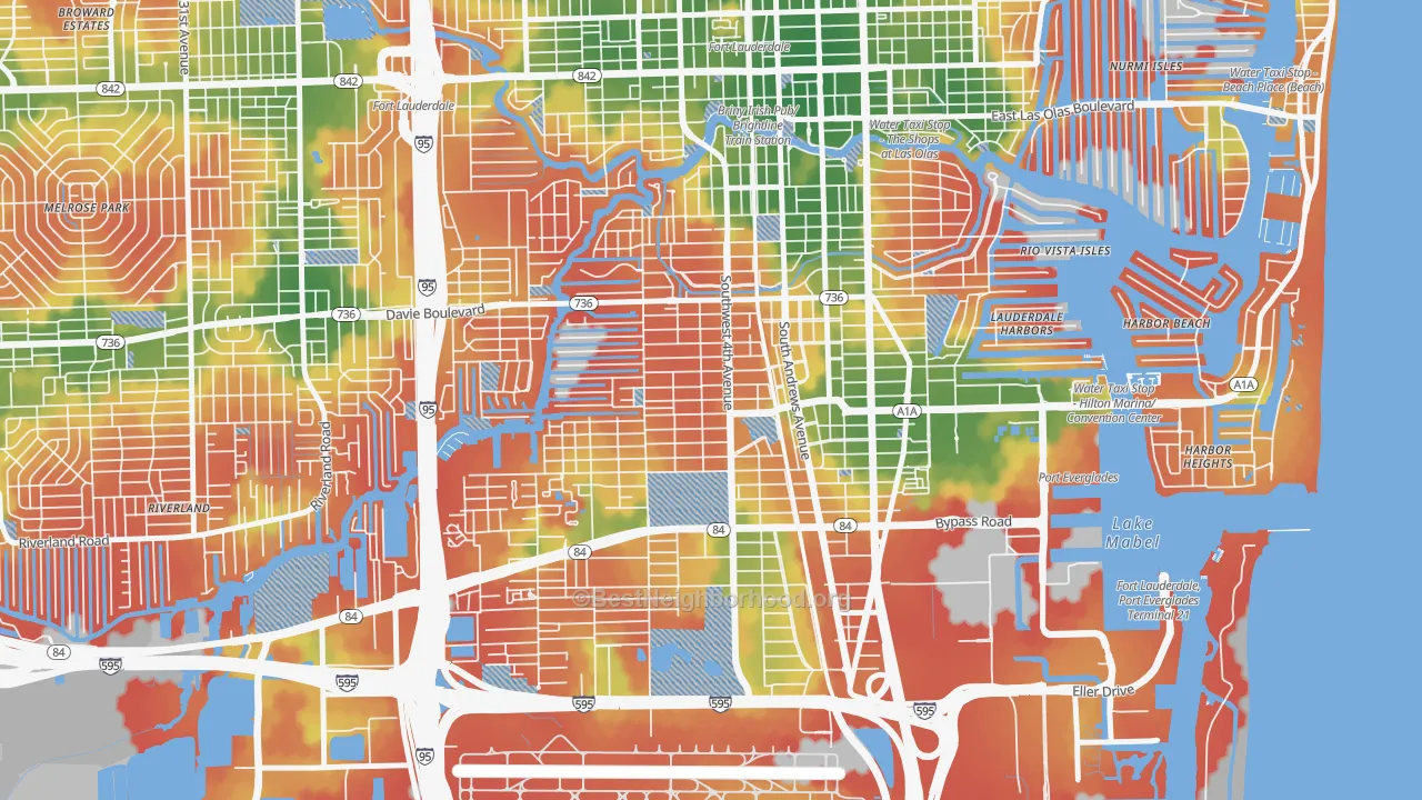 Walk Grade map of Croissant Park, Fort Lauderdale, FL, walkable areas in green and car-dependent areas in red
