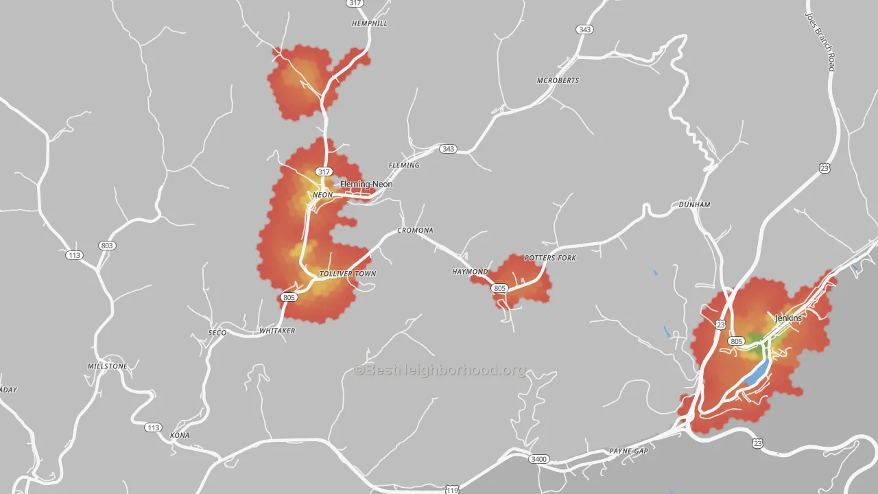 Walk Grade map of Cromona, KY, walkable areas in green and car-dependent areas in red