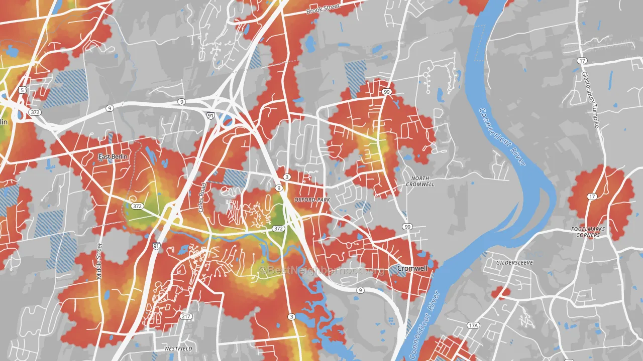 Walk Grade map of Cromwell, CT, walkable areas in green and car-dependent areas in red