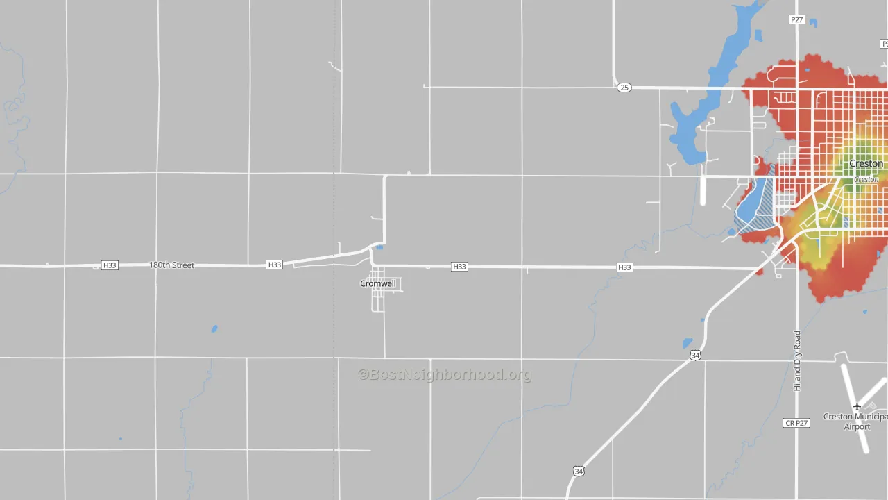 Walk Grade map of Cromwell, IA, walkable areas in green and car-dependent areas in red