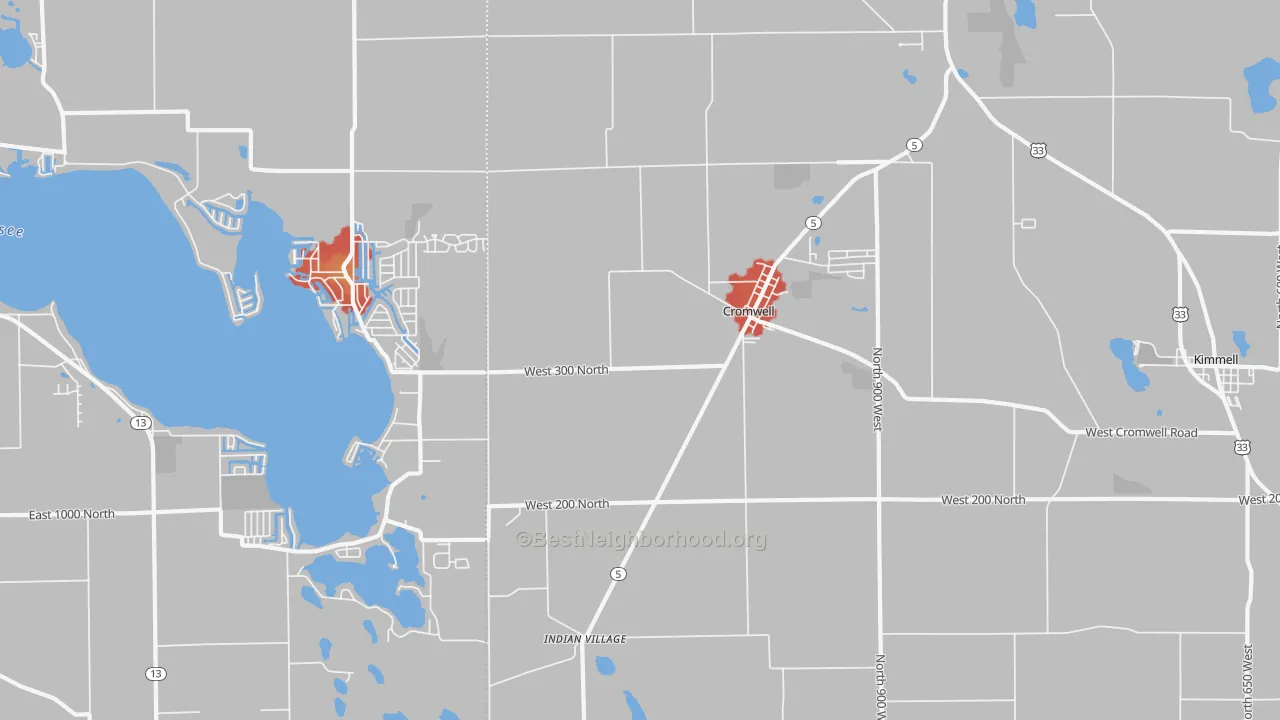 Walk Grade map of Cromwell, IN, walkable areas in green and car-dependent areas in red