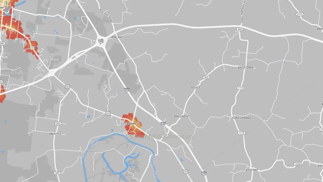 Walk Grade map of Cromwell, KY, walkable areas in green and car-dependent areas in red