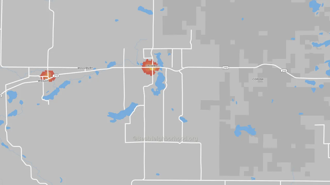 Walk Grade map of Cromwell, MN, walkable areas in green and car-dependent areas in red