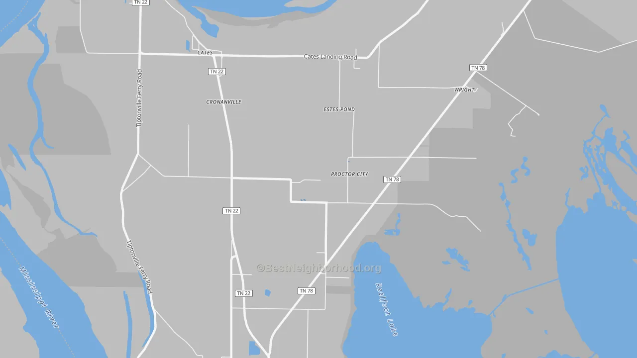 Walk Grade map of Cronanville, TN, walkable areas in green and car-dependent areas in red