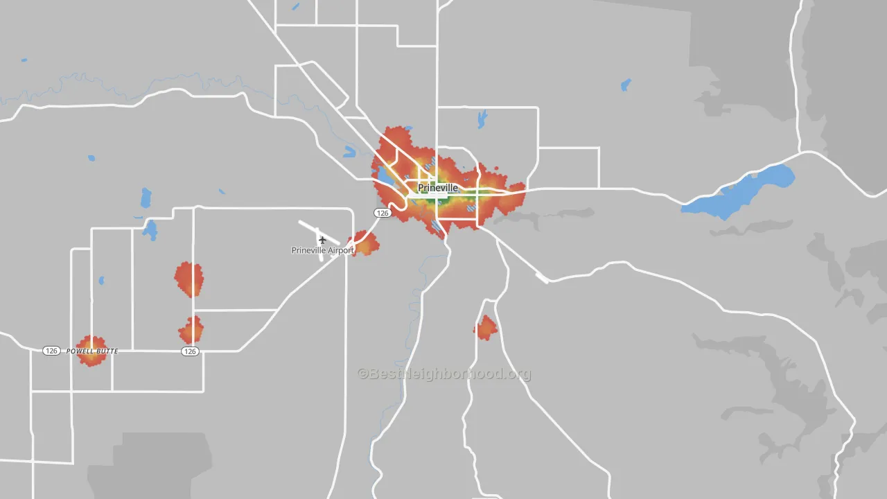 Walk Grade map of Crook County, OR, walkable areas in green and car-dependent areas in red