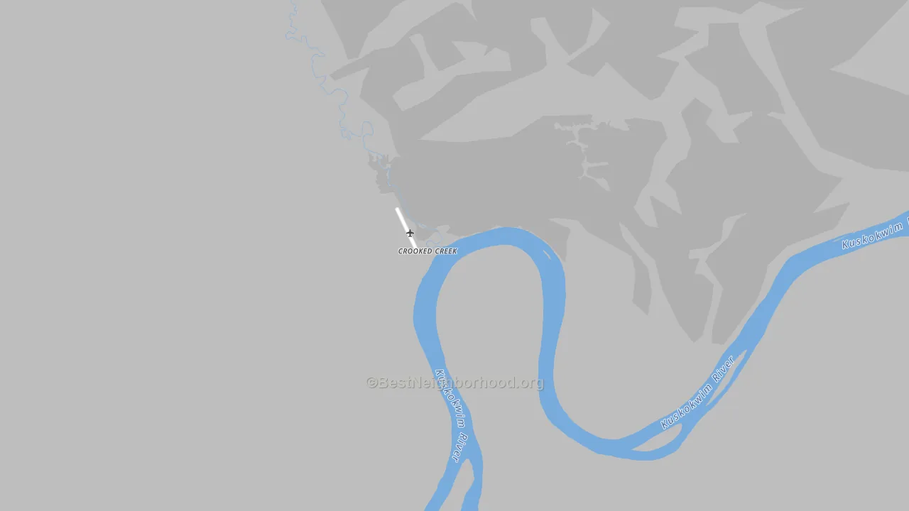 Walk Grade map of Crooked Creek, AK, walkable areas in green and car-dependent areas in red