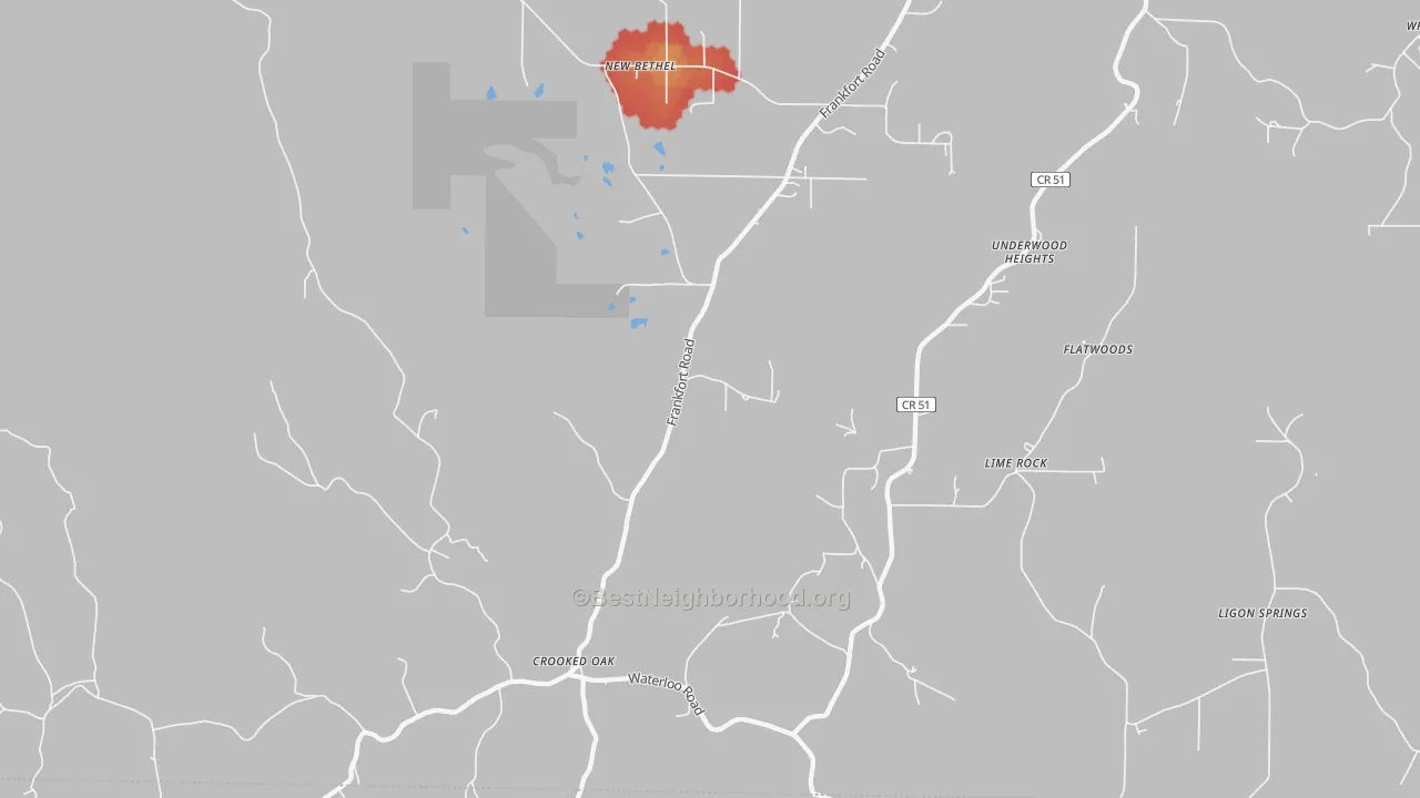 Walk Grade map of Crooked Oak, AL, walkable areas in green and car-dependent areas in red