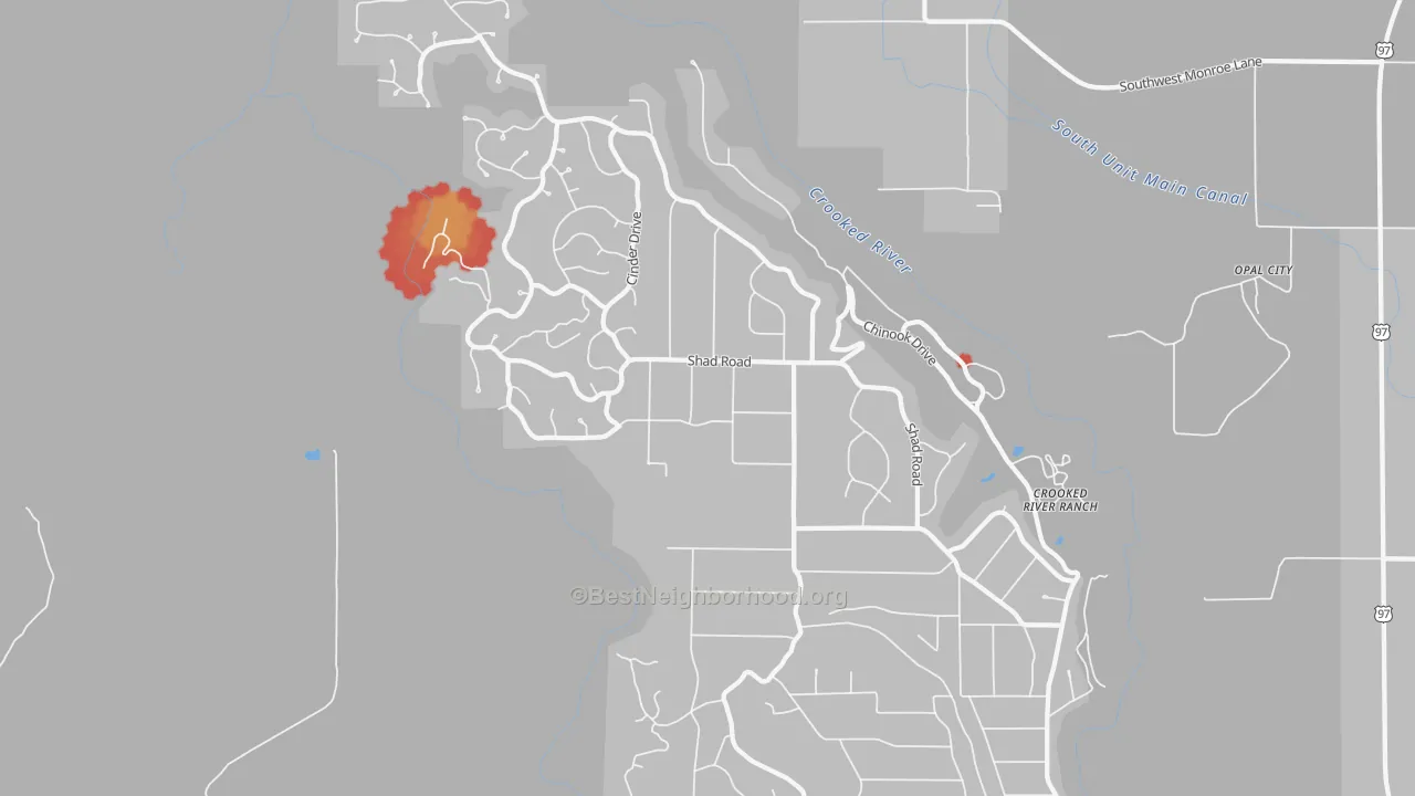 Walk Grade map of Crooked River Ranch, Terrebonne, OR, walkable areas in green and car-dependent areas in red