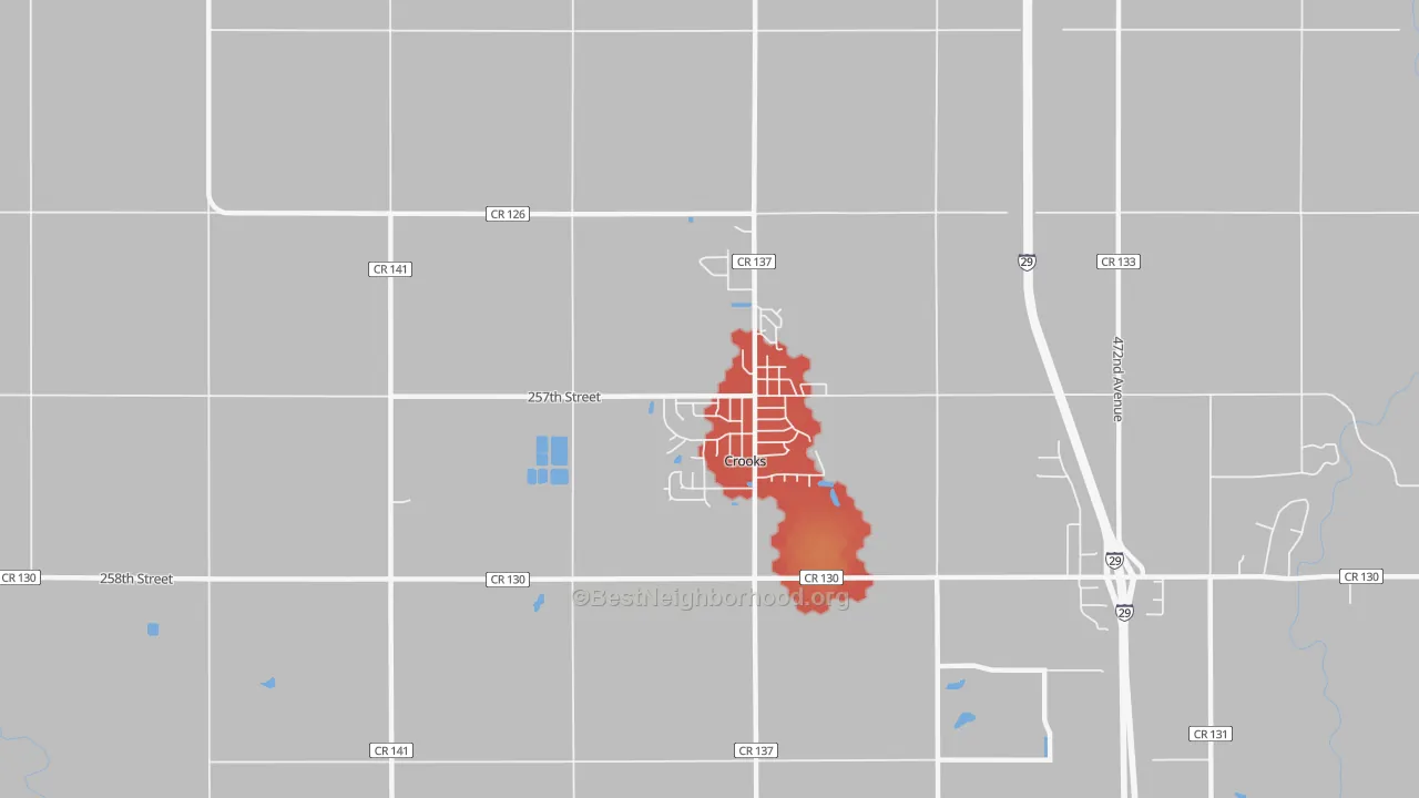 Walk Grade map of Crooks, SD, walkable areas in green and car-dependent areas in red