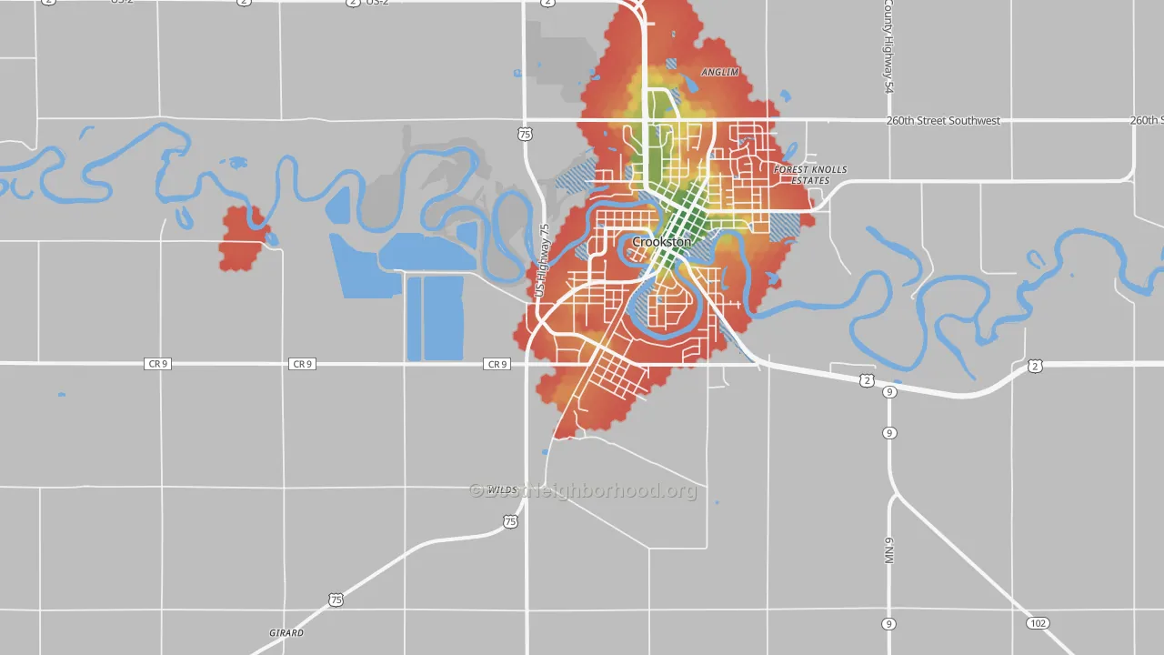 Walk Grade map of Crookston Junction, MN, walkable areas in green and car-dependent areas in red