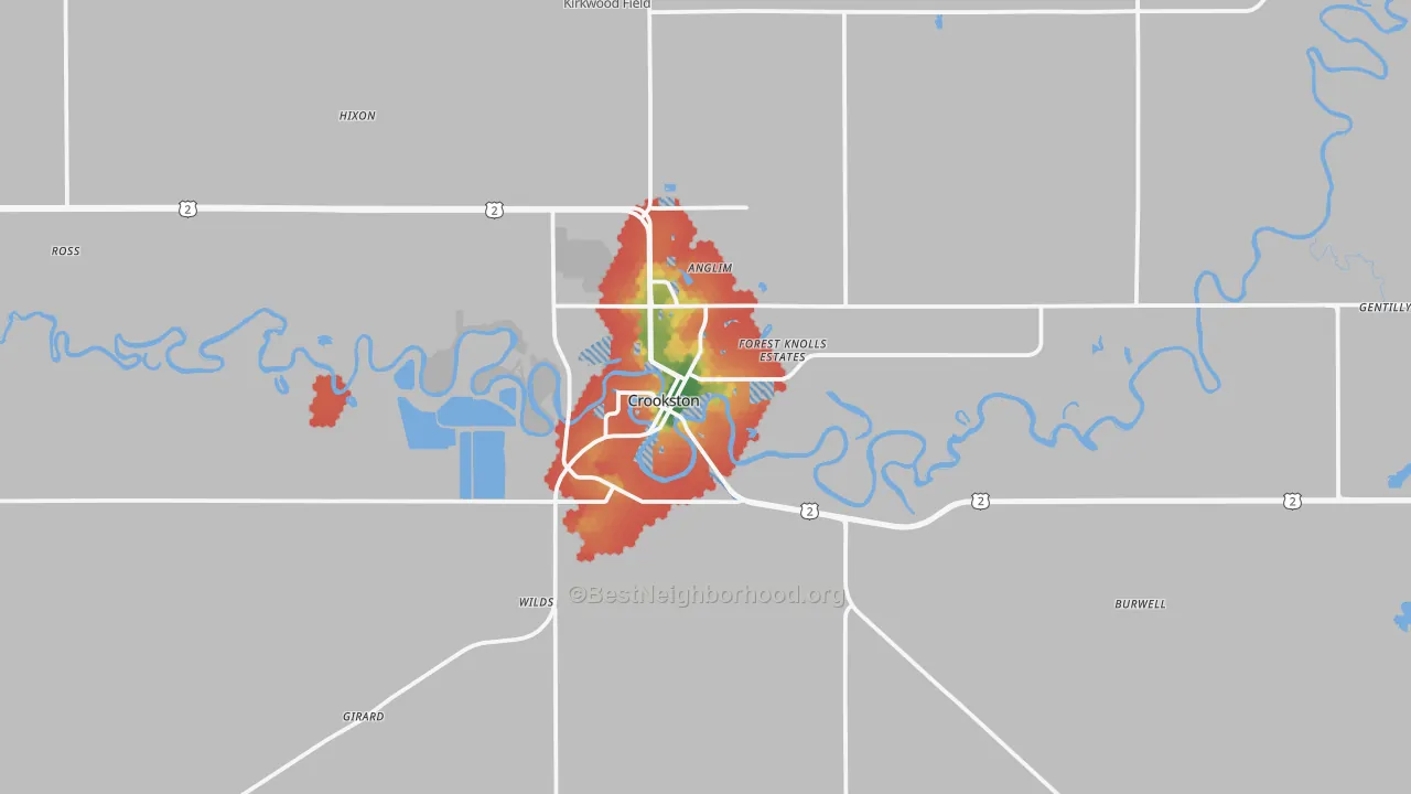 Walk Grade map of Crookston, MN, walkable areas in green and car-dependent areas in red