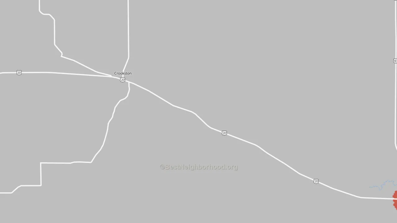 Walk Grade map of Crookston, NE, walkable areas in green and car-dependent areas in red