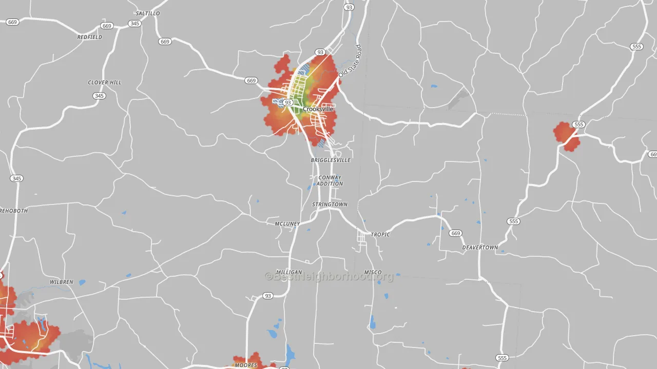 Walk Grade map of Crooksville, OH, walkable areas in green and car-dependent areas in red
