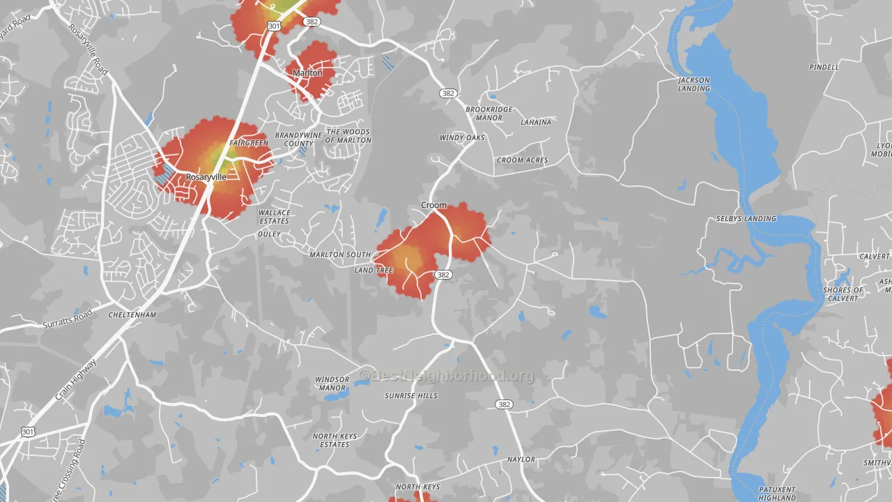 Walk Grade map of Croom, MD, walkable areas in green and car-dependent areas in red