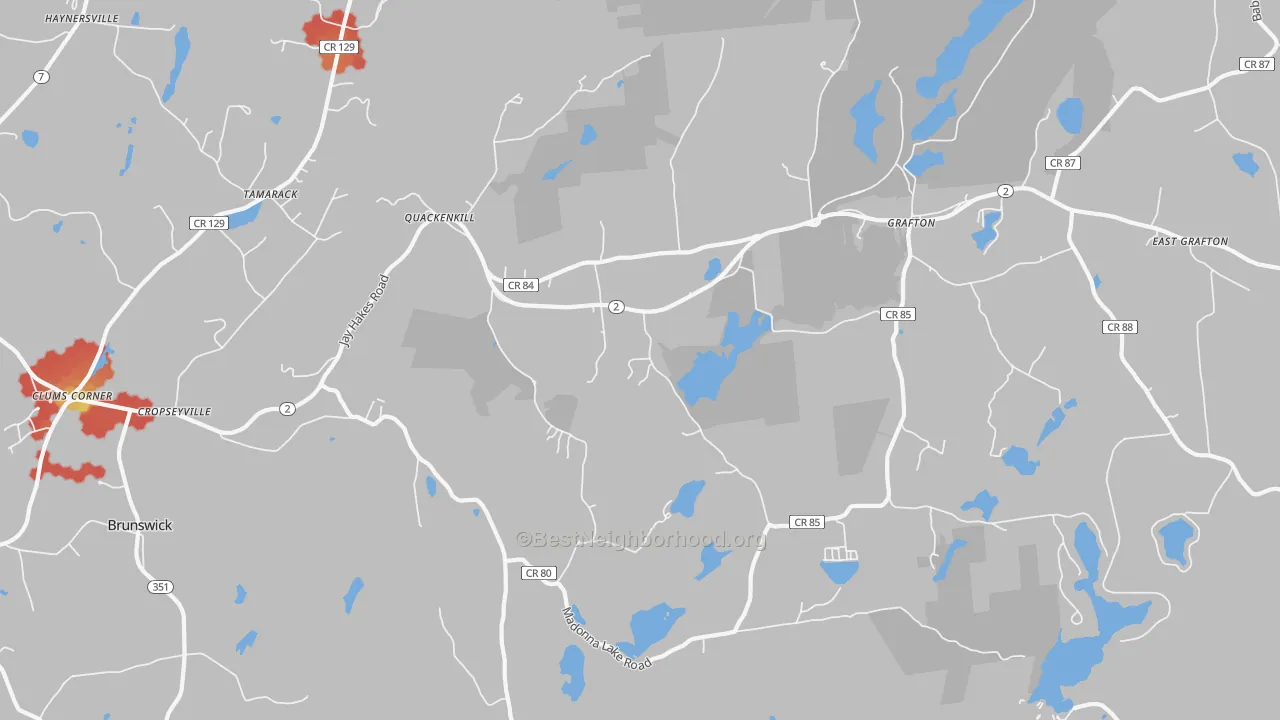 Walk Grade map of Cropseyville, NY, walkable areas in green and car-dependent areas in red