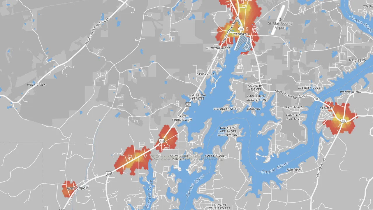 Walk Grade map of Cropwell, AL, walkable areas in green and car-dependent areas in red