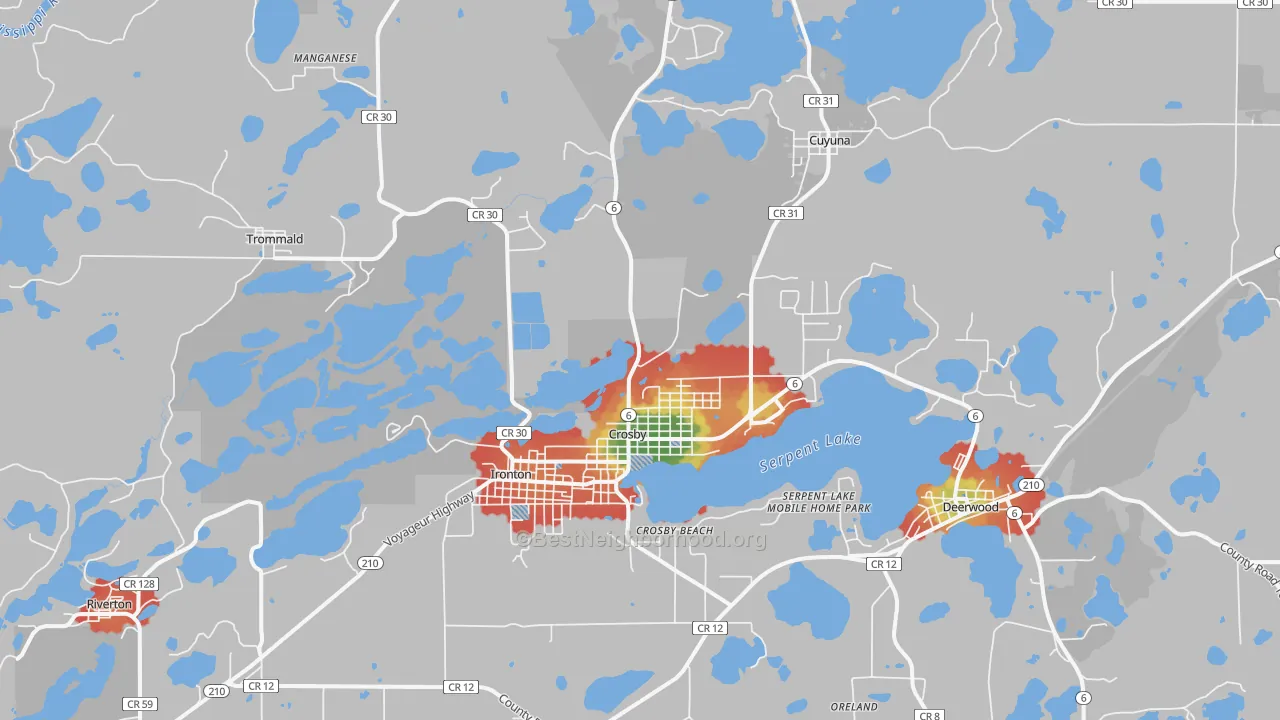 Walk Grade map of Crosby, MN, walkable areas in green and car-dependent areas in red