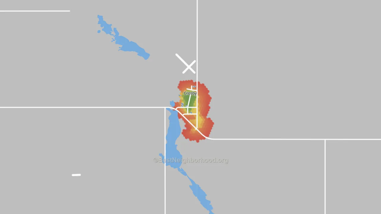 Walk Grade map of Crosby, ND, walkable areas in green and car-dependent areas in red