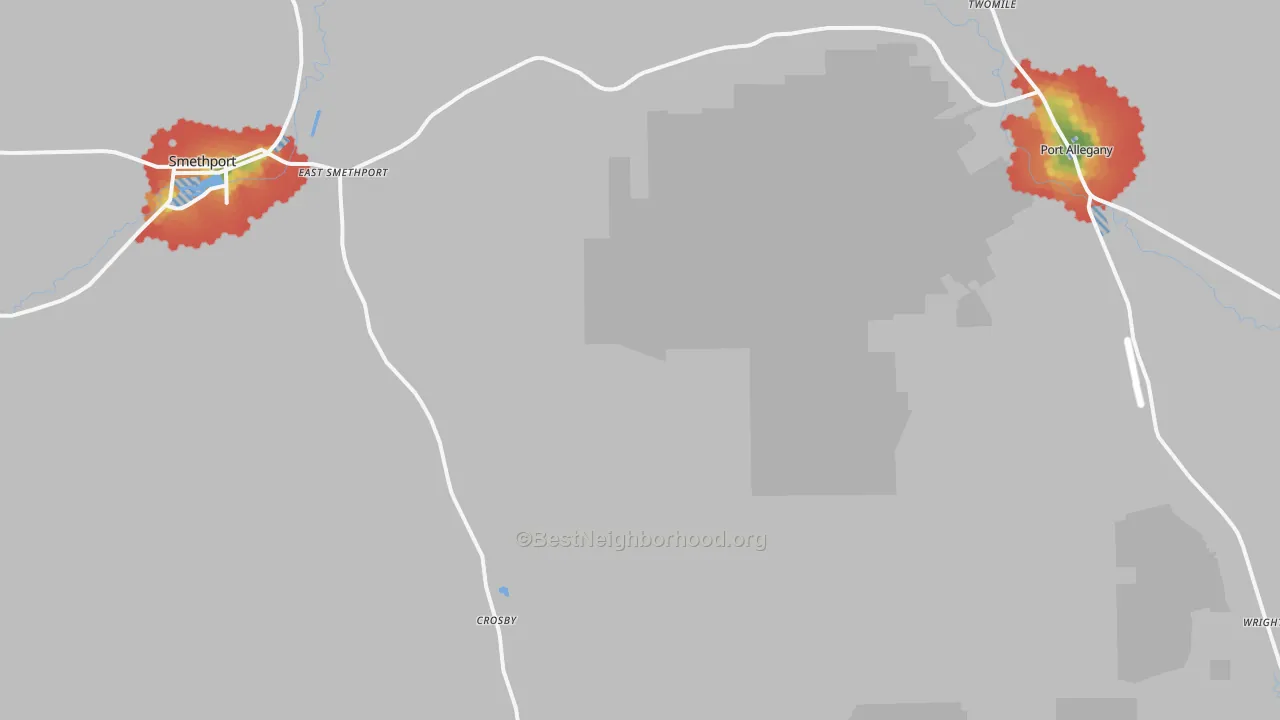 Walk Grade map of Crosby, PA, walkable areas in green and car-dependent areas in red
