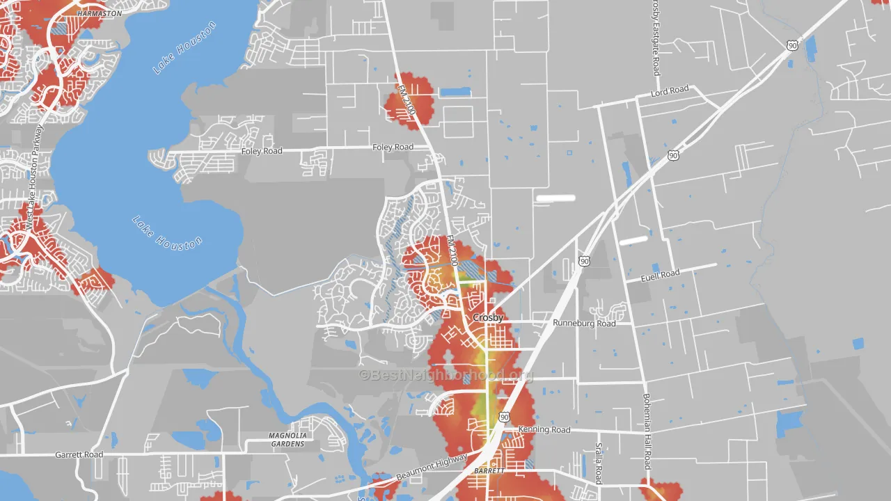 Walk Grade map of Crosby, TX, walkable areas in green and car-dependent areas in red