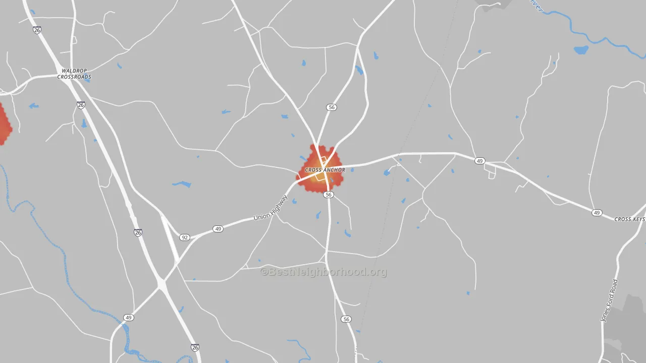 Walk Grade map of Cross Anchor, SC, walkable areas in green and car-dependent areas in red