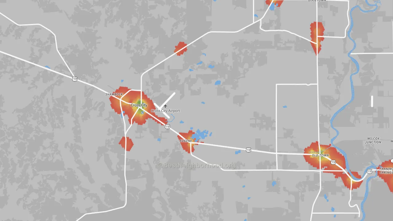 Walk Grade map of Cross City, FL, walkable areas in green and car-dependent areas in red