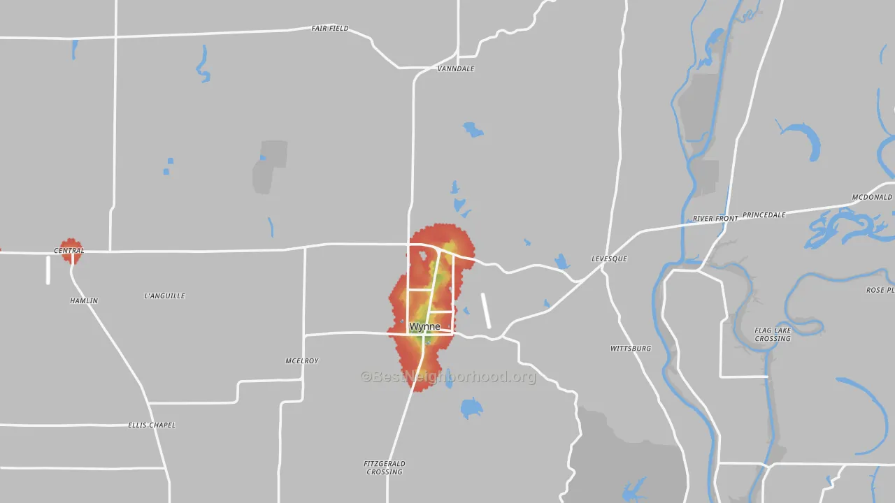 Walk Grade map of Cross County, AR, walkable areas in green and car-dependent areas in red