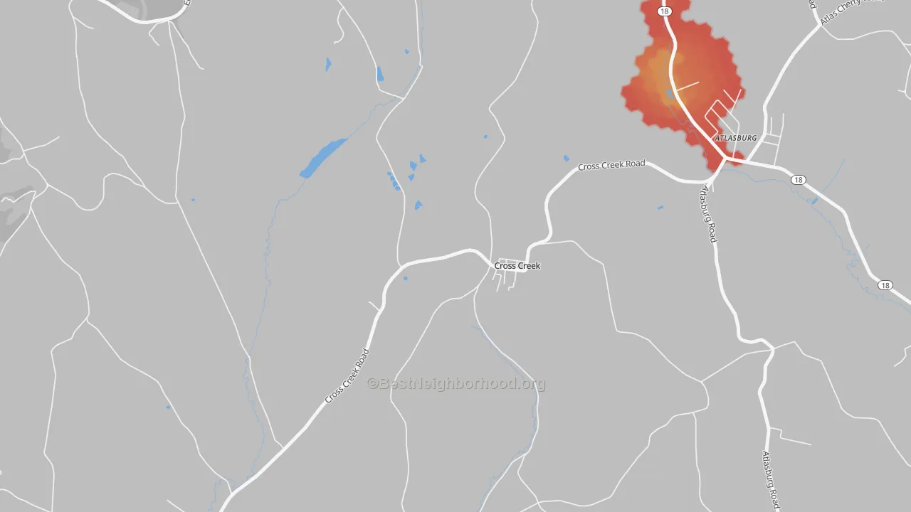 Walk Grade map of Cross Creek, PA, walkable areas in green and car-dependent areas in red