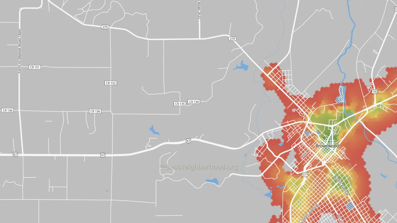 Walk Grade map of Cross Cut, TX, walkable areas in green and car-dependent areas in red