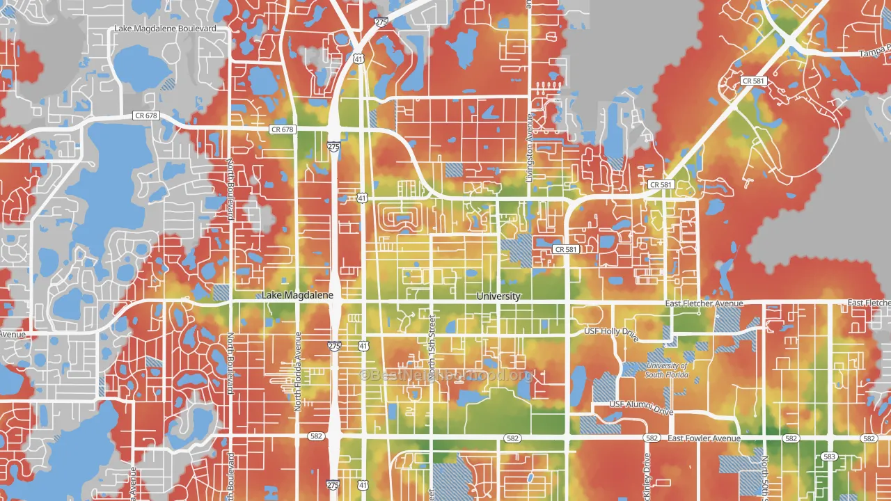 Walk Grade map of Cross Fletcher, University, FL, walkable areas in green and car-dependent areas in red