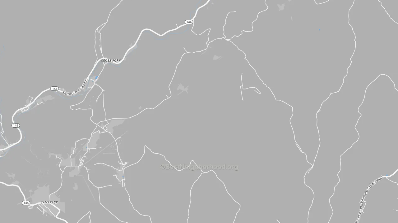 Walk Grade map of Cross Fork, PA, walkable areas in green and car-dependent areas in red