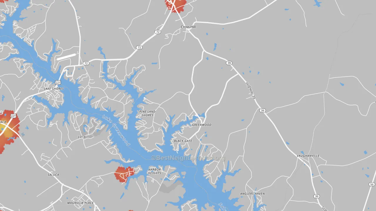 Walk Grade map of Cross Hill, SC, walkable areas in green and car-dependent areas in red