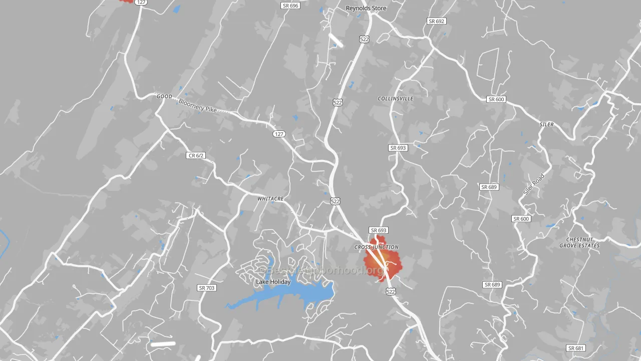 Walk Grade map of Cross Junction, VA, walkable areas in green and car-dependent areas in red